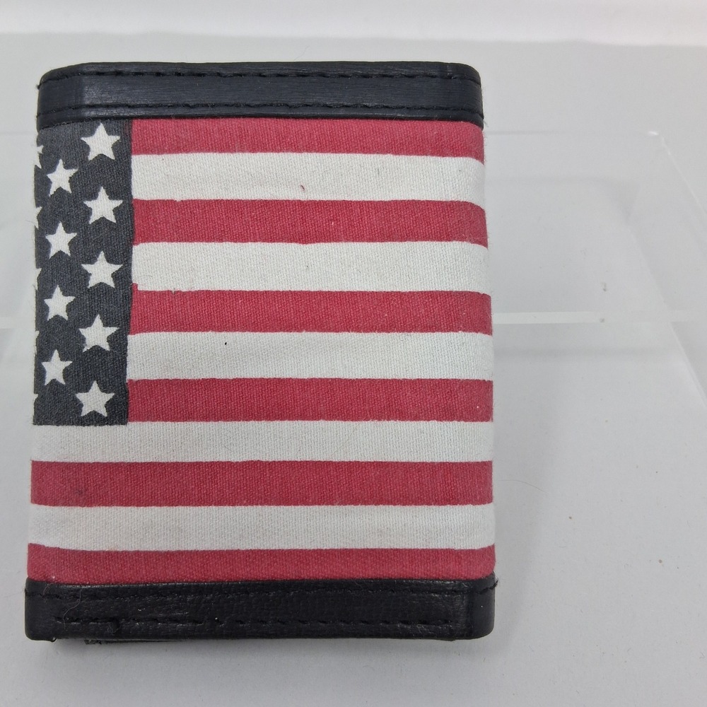 Mens American Flag Trifold Vinyl Canvas Faux Leather Stars and Stripes Black